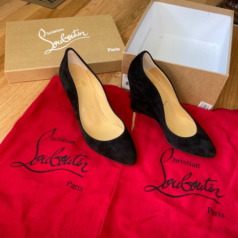 Christian Louboutin Tanja 85mm Black Suede Wedge Heels, Size 35.5 EU